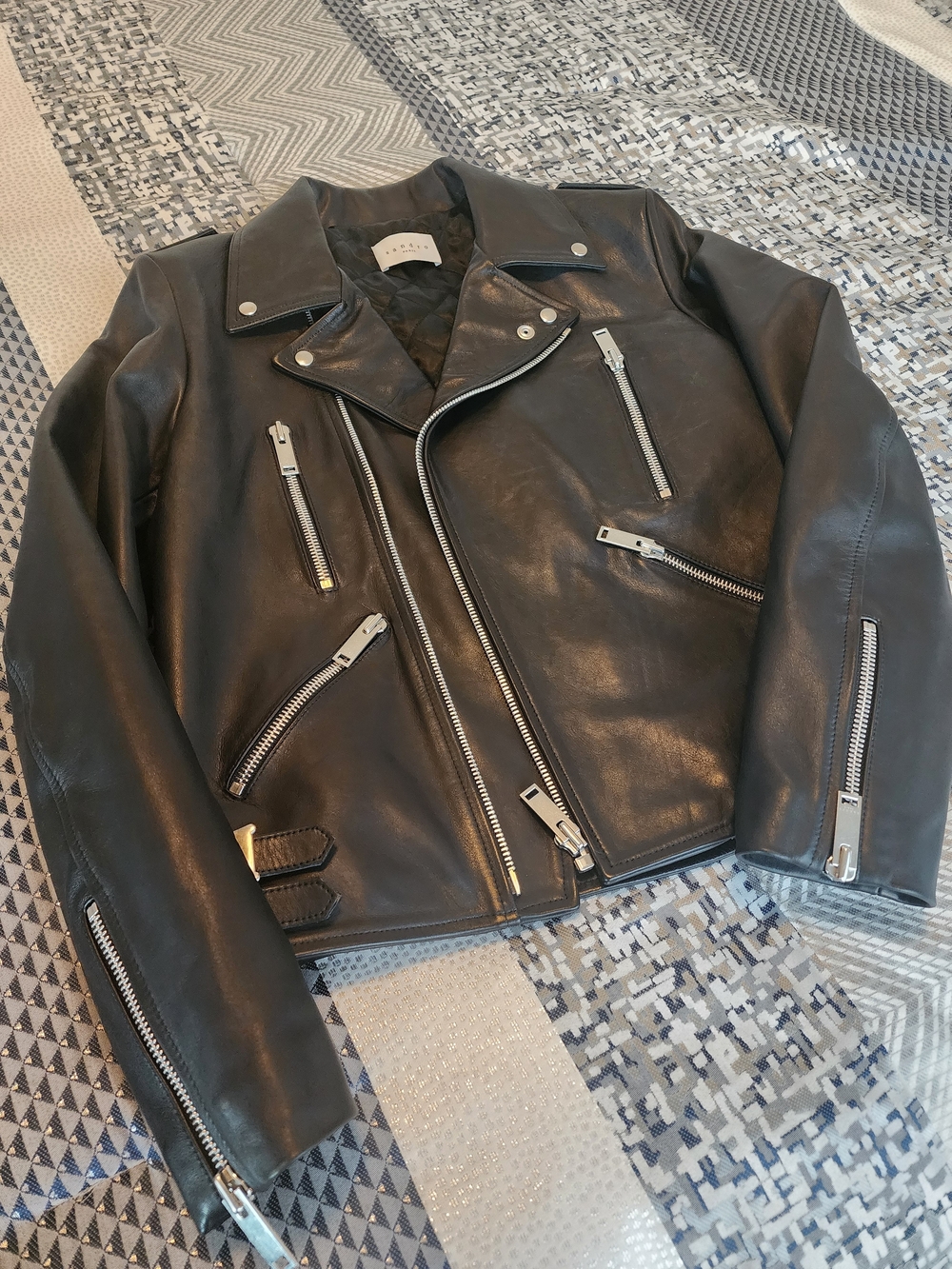 Sandro Black Leather Bomber-Style Biker Jacket with Silver Hardware